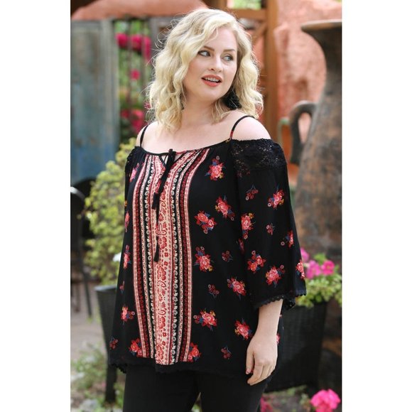 Angie Floral Twin Print Cold Shoulder Top  *  Plus Size - Picture 2 of 3